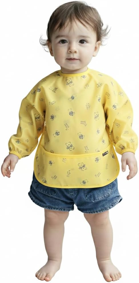 Plie Long Sleeve Waterproof Bib for Toddlers – Soft Feeding Smock for Baby Mealtime, Self-Feeding, BPA-Free, Easy Clean