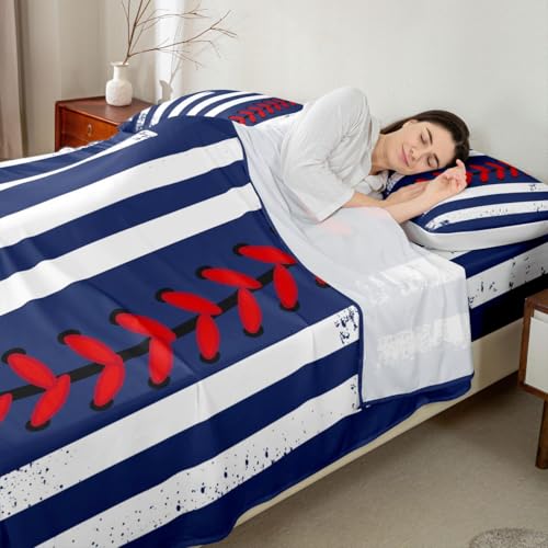 Image of Castle Fairy Navy Blue Red Bed Sheet Queen Size,Ball Sports Games Sheets,Kids Baseball Bedding Sets (1 Fitted,1 Flat,2 Pillowcases) Luxury Deep Pocket Bed Sheets