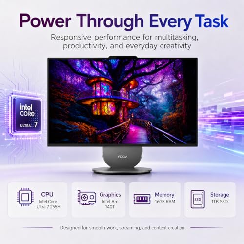 Image of Lenovo Yoga All in one Desktop AI PC, 27 inch 2K QHD IPS Display, Intel Core Ultra 7 255H (96-Tops, Up to 5.1 GHz), 16GB 6400 MHz LPDDR5X | 2 TB SSD, Wi-Fi 7, Wireless Keyboard, Mouse Windows 11 Pro