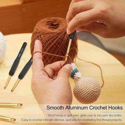 Image of VIRADHAM Ergonomic Crochet Hook Set with Soft Grip Handles, Black & Gold Crochet Hooks for Arthritic Hands, Complete Knitting & Crochet Accessories Kit with Yarn, Needles, Markers & Scissors - Ideal Beginner Gift (gold hook+yarn set)