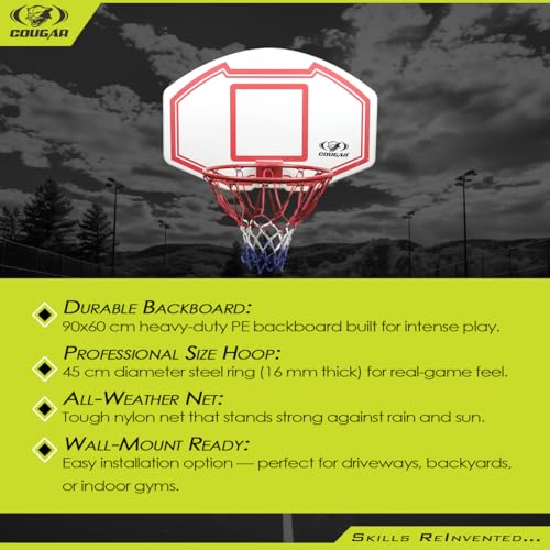 Image of COUGAR Layup Basketball Backboard Wall Mount - 90x60 cm Heavy-Duty PE Board with 16 cm Steel Ring, 45 cm Hoop Diameter & Net | Durable Outdoor Backboard for Kids & Adults | Easy Wall Installation