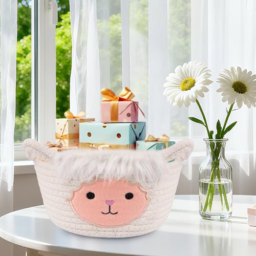 Image of Small Storage Basket for Nursery, Sheep Woven Animal Gift Basket | Round Woven Rope Cotton Storage, Baby Blanket 0rganizer with Ears Handles, Blanket Towel Decor Storage Bins, 8.2 inchD x 4.7 inchH IN