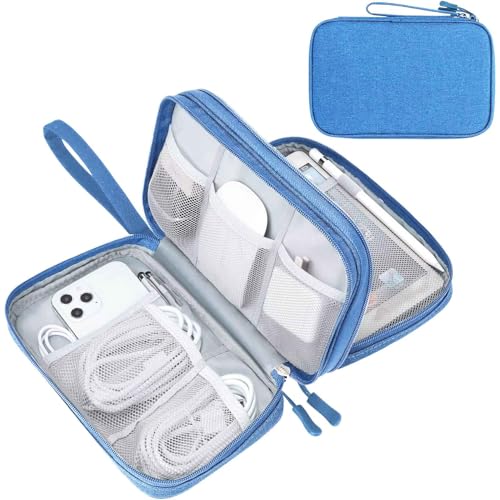 Image of FYY Electronic Organizer, Large Travel Cable Organizer Bag Pouch Electronic Accessories Carry Case Portable Waterproof Double Layers All-in-One Storage Bag for Cable, Cord, Charger, Phone, Cyan