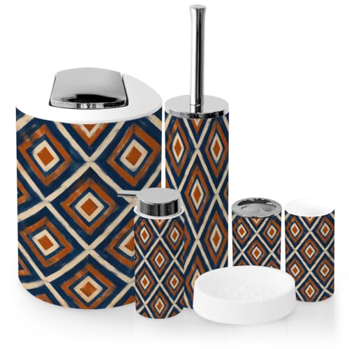 Bathroom Accessory Set 6 Piece Seamless Porcelain Indigo Blue White