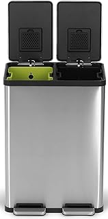 SIMPLI-MAGIC 60 Liter / 16 Gallon Rectangular Hands-Free Dual Compartment Recycling Kitchen Step Trash Can with Soft-Close Lid, Brushed Stainless Steel