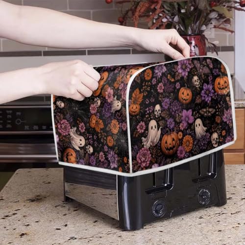 Image of Talayituse Ghost Skull Pumpkin Flower Print Toaster Cover 2 Slice Wide Slot, Lightweight Bread Maker Cover Dust Protection Washable Appliance Bag Halloween Decor, S