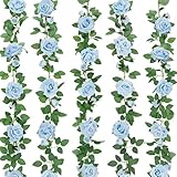ZIFTY 5Pcs 32.5FT Blue Flower Garland Fake Flower Vines Faux Artificial Floral Garland Hanging Rose Ivy for Wedding Decortions Arch Garden Ceremony Background Outdoor Wall Decor