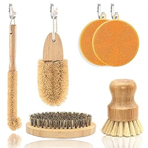 Kitchen Cleaning Brush Kit, ECO Friendly Brush Set, Wood Bottle Brush Pot Pan Brush Bamboo Dish Washing Brush Vegetable Brush