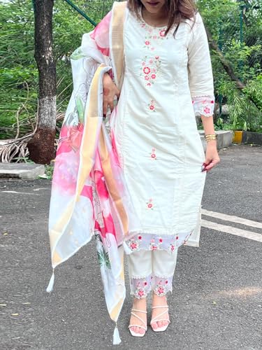 Image of VredeVogel Kurta Set with Dupatta | Viscose Roman Silk Embroidered Kurta Set for Women | Women's Ethnic Casual Kurti Set |Kurta Pant Festive Suit