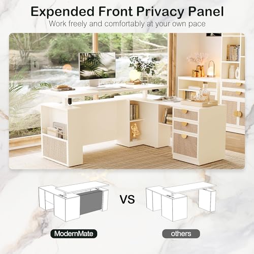 ModernMate 63\" Standing Desk with File Cabinet, Privacy Panel, AC/USB, 1.18\" Desktop, Executive L Shaped Height Adjustable Desk, Electric Stand Up Table with 3 Drawers, White Rattan