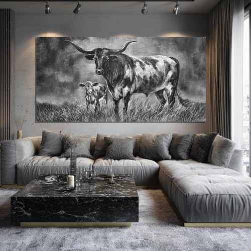 YETHEN WAL Extra Wide Longhorn Cattle Canvas Wall Art, High-Resolution