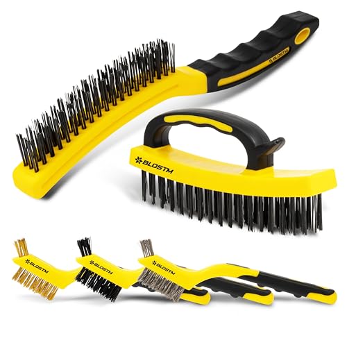 BLOSTM Wire Brush Set - Nylon Brush Assortment, Stainless Steel Wire Brush and Brass Wire Brush with Hanging Hole - Ergonomic Handle Wire Brushes for Rust Removal, Paint, Moss, Cleaning - Set of 5