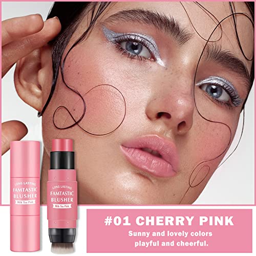 Cream Blush Stick With Brush,Waterproof Blush Makeup,Long Lasting 3 In 1 Cheek Blush & Lip Tint & Eye Shadow Makeup Stick,Easy To Use Blends Effortlessly,Cream Blush Makeup For All Skin Tones - Cherry Pink #TOP1