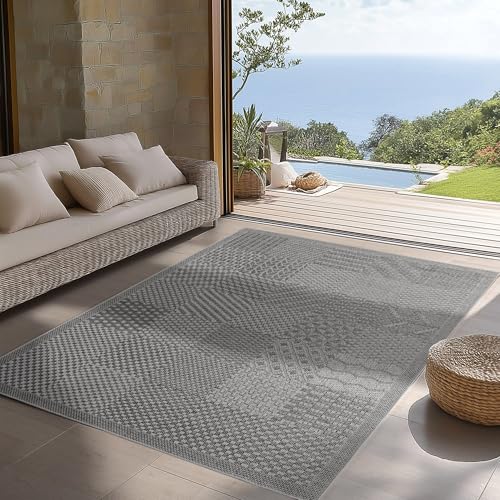 Carpettex Indoor Outdoor Teppich wetterfest Grau 120x170 cm Läufer, UV-beständig, Ideal für Küche, Balkon, Terrasse, Wohnzimmer und Esszimmer, Boho Stil