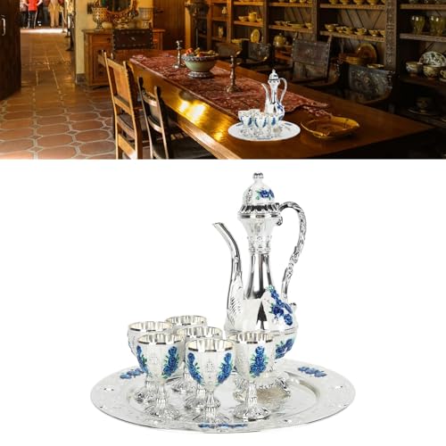 Théières turques en métal vintage blanc argenté avec tasses et plateau