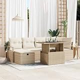 Gecheer Conjunto de Sofás de Jardín de 7 Piezas con Cojines Beige de Rattan Poli, Sofá de Jardín de 2 Plazas con Cojines Beige de Rattan Poli Modelo LYKLYD-3359798ES