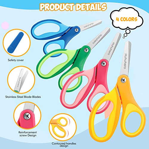 Huhuhero Kids Scissors, 5'' Small Safety Scissors Bulk Blunt Tip Toddler Scissors, 4Pcs Preschool Children Scissors With Cover Small Scissors For School Kid Craft Art Supplies, Assorted Colors #TOP1