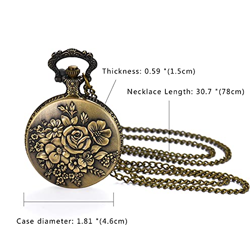 Image of JewelryWe Bronze Flower Pocket Watch: Retro Vintage Pendant Watch with Openwork Cover and 32.3 Inch Chain - for Men Women Daily Wear and Gift Giving