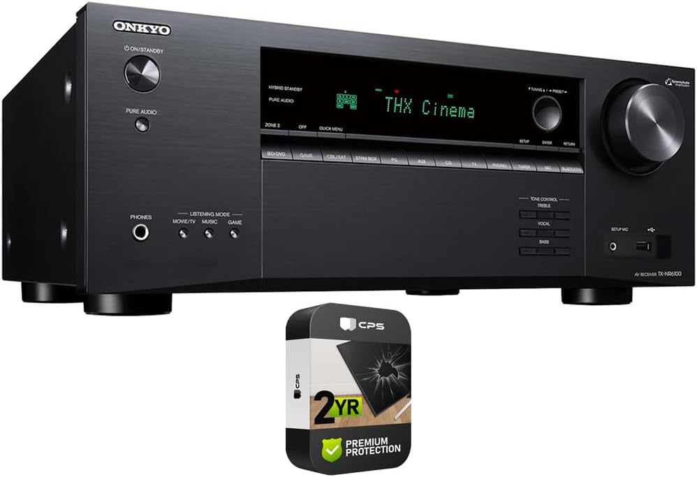 Onkyo TXNR6100 7.2-Channel THX Certified AV Receiver Bundle with 2 YR CPS Enhanced Protection Pack (Renewed)