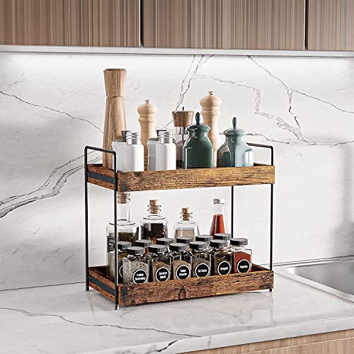 EWEMOSI Standregal Holz Arbeitsplatte Küchenregal mit 2 Ebenen Gewürzregal Metallstütze Badzimmer Aufbewahrung Regal Gewürzhalter Gewürzständer Organizer Vanity Tray
