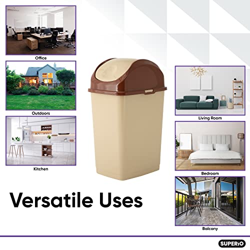 Superio Kitchen Trash Can With Swing Top Lid, Slim Waste Bin Durable Plastic, Fit Small Spaces , Office, Bathroom, Under Counter (Beige/Brown) #TOP4