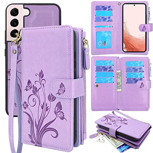 Lacass for Samsung Galaxy S22+ Plus Case [12 Card Slots] ID Credit Cash Holder Holder Zipper Pocket Detachable Magnet Leather Wallet Cover Wrist Strap Lanyard Carrying Pouch(Butterfly Light Purple)