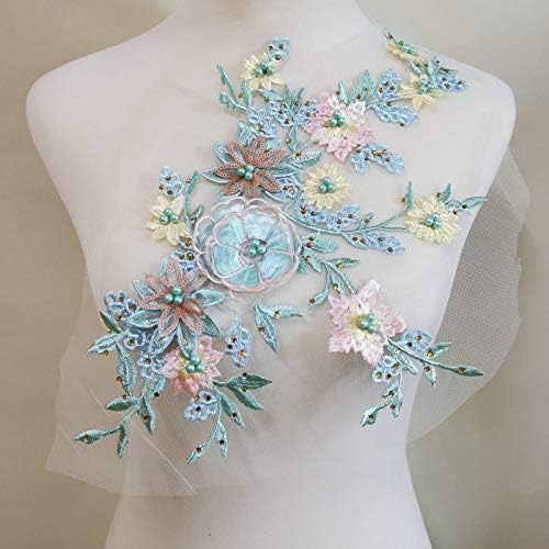 TYCHWZRMV(売店)刺繍のパッチ、 1ペア 立体花刺繍レースアップリケスパンコールホットドリルネイルビーズ手作りDIY(Blu