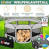 LOVPET® Welpenlaufstall Tierlaufstall Faltbar für Kleintiere Hunde, Katzen Inkl. Hundenapf und Fleece Decke Hundelaufstall Freigehege Oxfordgewebe Pop-up System Indoor & Outdoor, Hellgrau/Schwarz