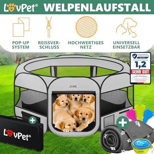 LOVPET® Welpenlaufstall Tierlaufstall Faltbar für Kleintiere Hunde, Katzen Inkl. Hundenapf und Fleece Decke Hundelaufstall Freigehege Oxfordgewebe Pop-up System Indoor & Outdoor, Hellgrau/Schwarz