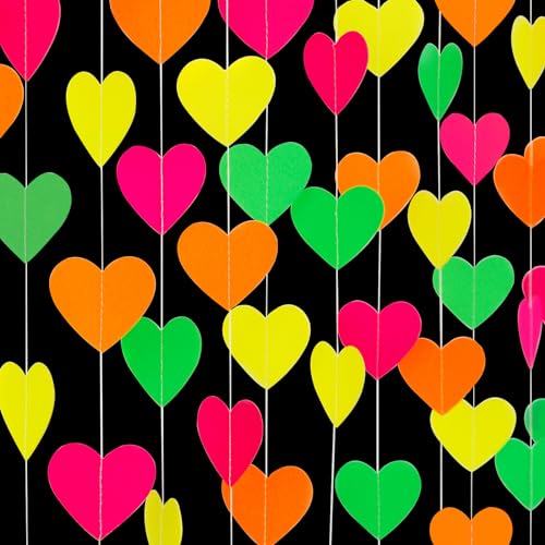 Image of UV Neon Party Decorations Valentines-Day Heart-Garland - 52ft Glow in The Dark 80s Hanging Streamers Banner,Girl Romantic Galentines Wedding Anniversary Baby Bridal Shower Engagement Decor Panduola