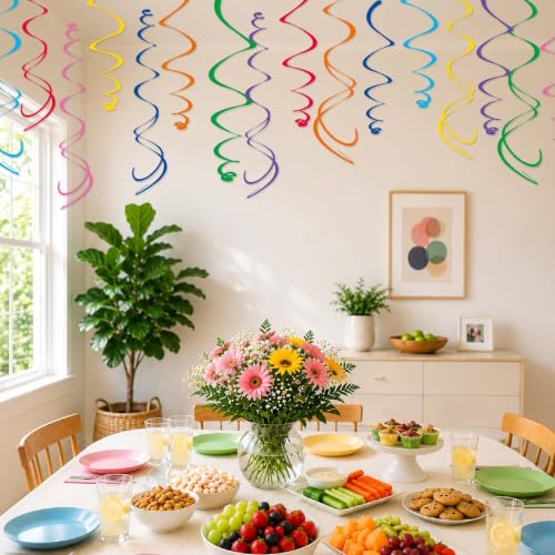 Image of HonuGoGo 48‑Piece Multi-Color Paper Swirl Decorations - Hanging Party Swirls for Birthday, Baby Shower, Wedding & Celebration Decor