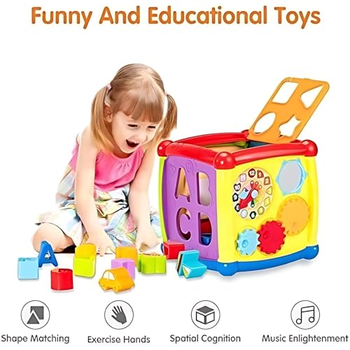 Image of Crackles Early Age 6 in 1 Learning Cube Educational & Learning Activity Toy Including Blocks, Clock, Alphabets-Tree,Transportation Vehicles,Music Keyboard & Mirror for Kid, Multicolored