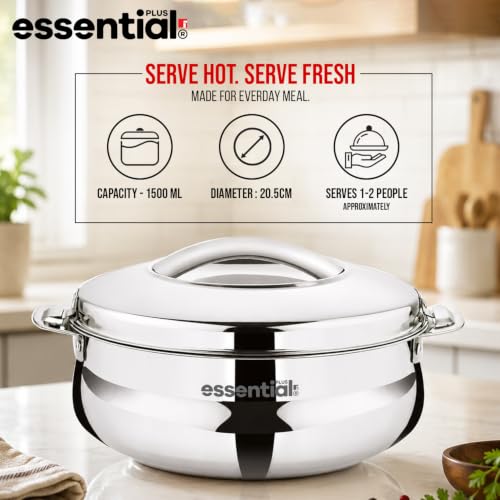 Image of BERGNER Essential Plus Stainless Steel Belly Shape Hot Pot 1500ml, Double Wall Roti Casserole, Food Grade, Hot and Cold Storage, for Rotis /Parathas /Pulao /Biryani, Hot for Hours, Easy to Clean