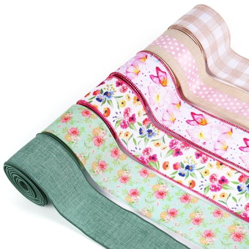 LaRibbons Floral Ribbon Wired 6 Rolls 2.5 Inch x 36 Yards TTL Green and Pink Butterfly Flower Ribbon with Plaid and Polka Dot Printed for Spring Easter Summer Crafts Wrapping Wreath Bow Decoration