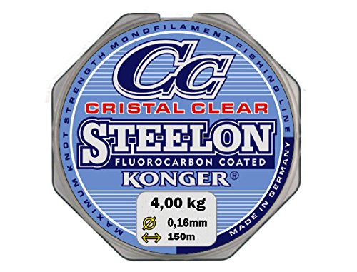 Konger - Filo da pesca Cristal Clear, con rivestimento in fluorocarbonio, 0,12-0,50 mm, 150 m, monofilo super forte-, trasparente, 0,16mm / 4,00kg
