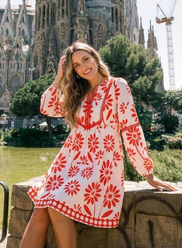 Dokotoo Easter Dresses for Women 2026 Vacation Beach Boho Dress Cute Paisley Print Floral Long Sleeve Summer Embroide Red Lace Dress Casual Ladies Elegant Party Mini Dress Large — view 5