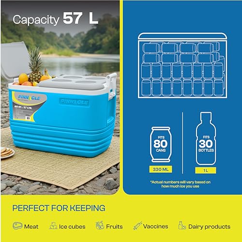 Image of Pinnacle Eskimo 57L Large Chiller Ice Box| Fits 80 cans| Holds Ice Upto 100 hrs| Insulated Portable Cooler IceBox with Two-Way Open Lid, Drain Tap, Drink Holder| Perfect for Car Travel,Sport (Hydra)