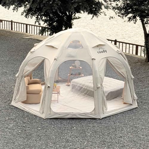 Coody Aurora Dome Inflatable Canvas Camping Tent for 2–4 People – Premium Air Beam Glamping Tent with Stove Jack, Breathable TC Cotton Canvas, 240 cm Standing Height, Fast Setup Dome Tent, Beige