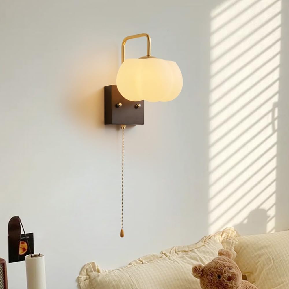 Modern Light Luxury Milk White Farmhouse Wall Light Modern Nordic Rustic Wood Wall Sconces Pull Chain Switch Vintage Gold Bedroom Wall Mounted Lamp with Dimming Bulb for Kids Living Room