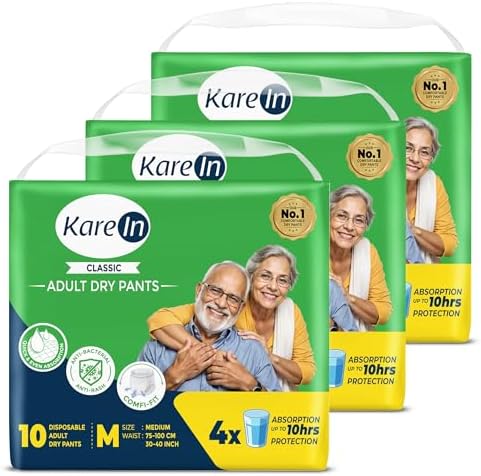 Karein Classic Adult Diaper Pant M Size, Medium, Waist (75-100 cm 30'-40'), 30 Unit, Long Protection Hour, Unisex, Quick & Even Absorption, Anti-Bacterial, Leakproof, Odour Control, Wetness Indicator
