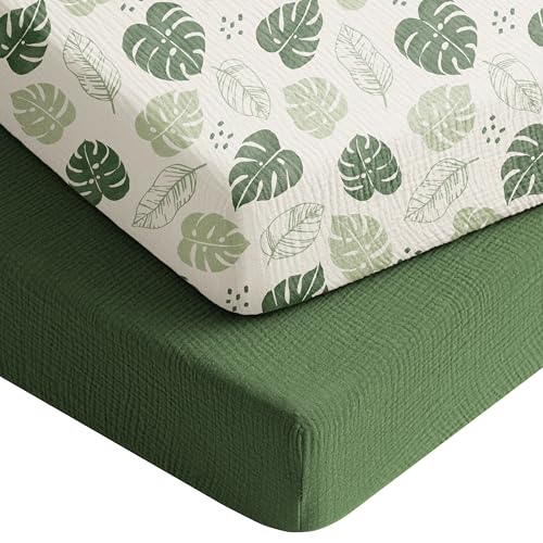 Image of Konssy Muslin Crib Sheets for Boys, Soft Cotton Neutral Baby Sheets for Standard Crib Mattress 2 Pack, 52 inchx28 inch (Sage Green,Leaf)