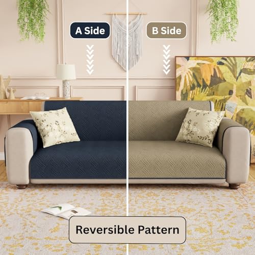 Image of Lukzer 1 Seater Reversible Quilted Sofa Mat - Dot Frame Pattern | Blue | 250 GSM Polyester Sofa Runner with Arms & Deep Storage Pocket | Machine Washable Sofa Cover with Elastic Belt (SC-211-01)