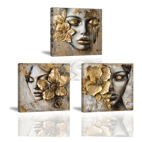 Piy Painting Impresión En Lienzo Dorado, Cuadro Mujeres Hermosas, Flor Lienzo Arte Pared, Romántica Cuadro Moderno Para Dormitorio Pasillo Cafetería, 3 Piezas 30x30cm /90x30cm
