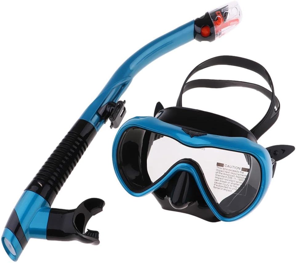 Adult Diving Mask Snorkel Set - Fog Tempered Glass Goggles for Scuba, Snorkeling, Swimming, Spearfishing - Safe, Comfortable, Full Dry Snorkel Kit - Blue