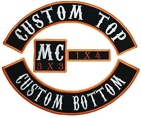 USA Made 4 PC Embroidered Motorcycle Patches |13" Top and Bottom Rocker Patches, 1x4" Name Tag, 3" Square | Full Arch Style Biker Patches (Black)