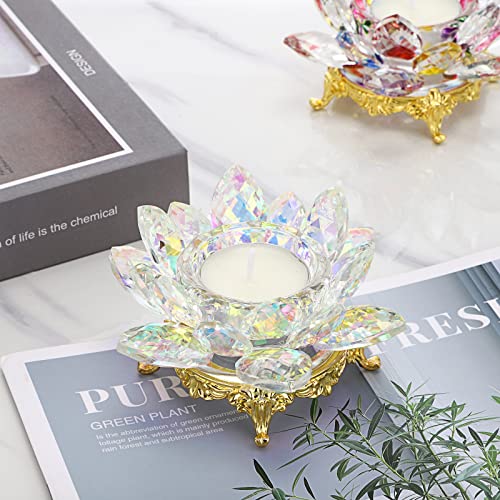 OwnMy Crystal Lotus Flower Tea Light Holder Votive Candle Stand with Gold Metal Base, AB Color Glass Lotus Tealight Candlestick Holder Candle Lamp for Table Centerpiece Wedding Decor - Thumbnail 5