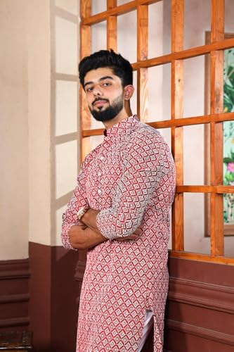 Image of LookMark Men's Printed Silk Blend Kurta with Mandarin Collar, Full Sleeves, Straight Fit Traditional Ethnic Wear