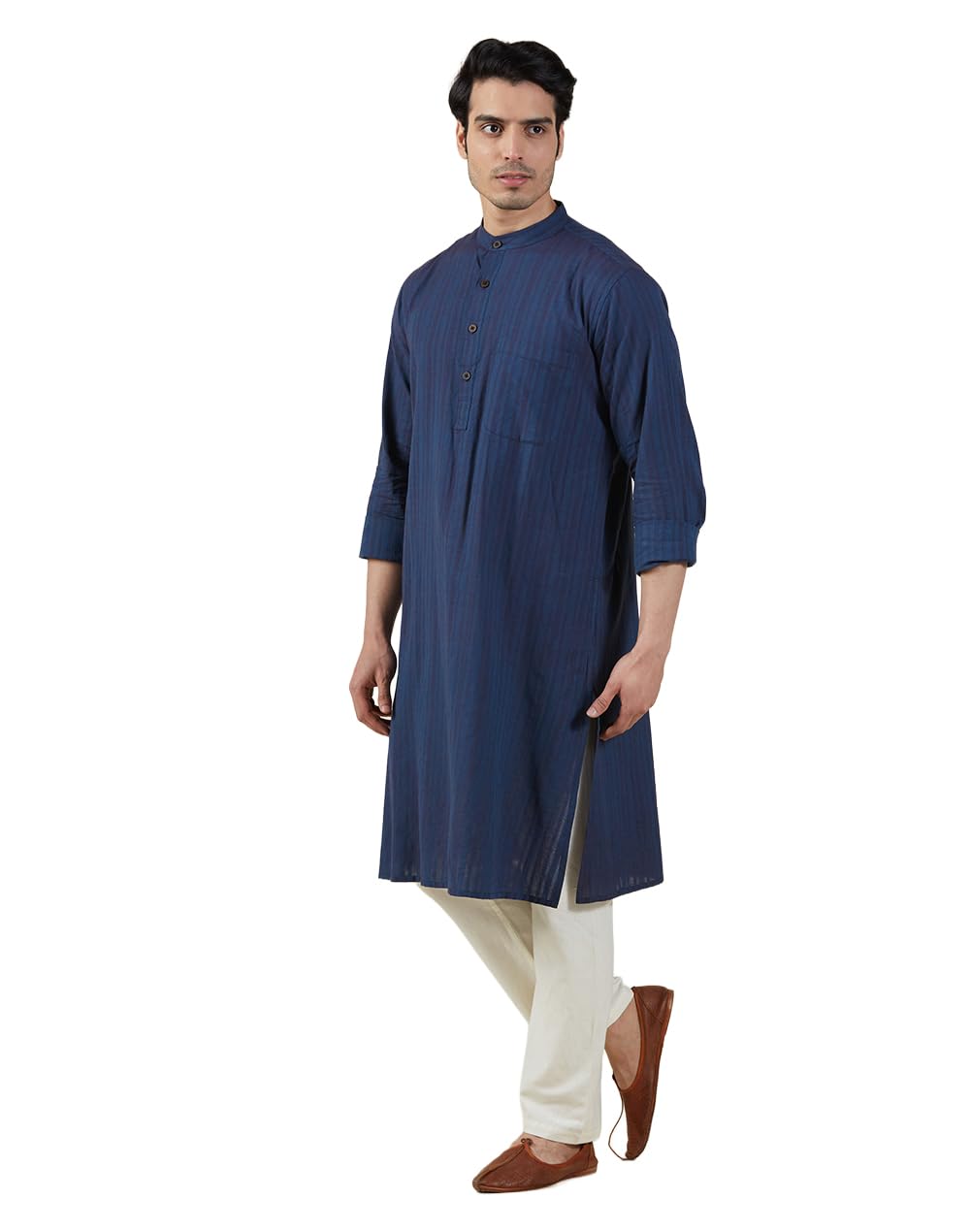 fabindia Men's Navy Cotton Woven Long Kurta-picture-14