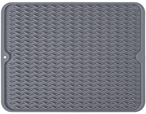Large 17" x 14" Silicone Dish Drying Mat for Kitchen Counter, Easy clean, Quick Dry, Heat-resistant Dish Drainer Mat for Sink,Refrigerator or Drawer liner (Food Grade Silicone-Grey)