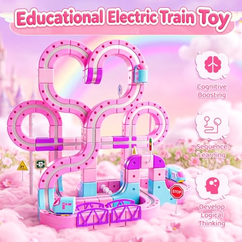 Lukxi Pink Electric Train Set for Girls, 170PCS Magnetic Train Track with Heart-Shaped Design, DIY Anti-Gravity 3D Race Track, STEM Educational Toy Gift for Kids Ages 4-12(82 Track+2 Car) by Lukxi - Image 3